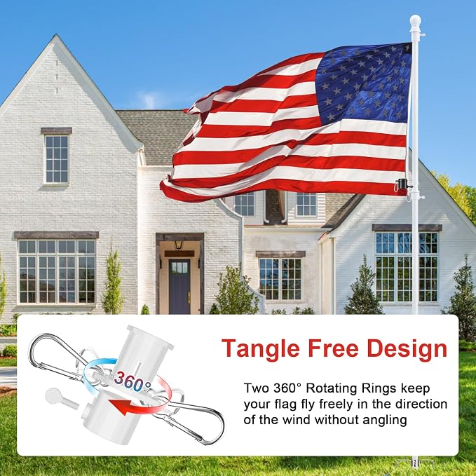 Heavy Duty Ground Flag Pole Kit with 3x5 US Flag - 8.5FT Tangle Free Yard Flag Pole with Anti-Tip Windproof Prong, Portable for Outside House, Yard, Outdoor, Camping - White (1 Pack)