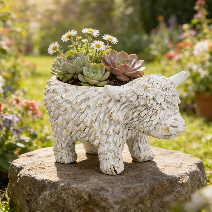 Rustic Highland Cow Planter - Vintage Distressed White Resin Planter Pot Indoor&Outdoor Flower Pots for Garden Home Decor, Succulent, Herbs