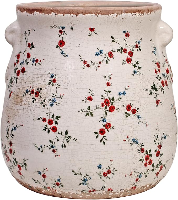 Xiaan Jiaju Ceramic Vases for Centerpieces, Shabby Chic Vase & Flower Pot with Drainage, Country Chic Decor for Office Room Garden Balcony Mantel Fireplace Table & Shelf, Red Floral