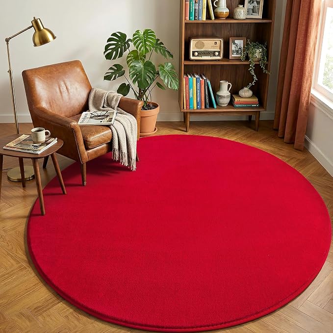 Amearea Red Round Area Rug 5ft Washable Circle Rugs for Bedroom Living Room | Fluffy Indoor Thickened Memory Foam Rug, Non Slip Minimalist Circular Carpet for Kids Boys Girls Dorm Nursery Room Decor