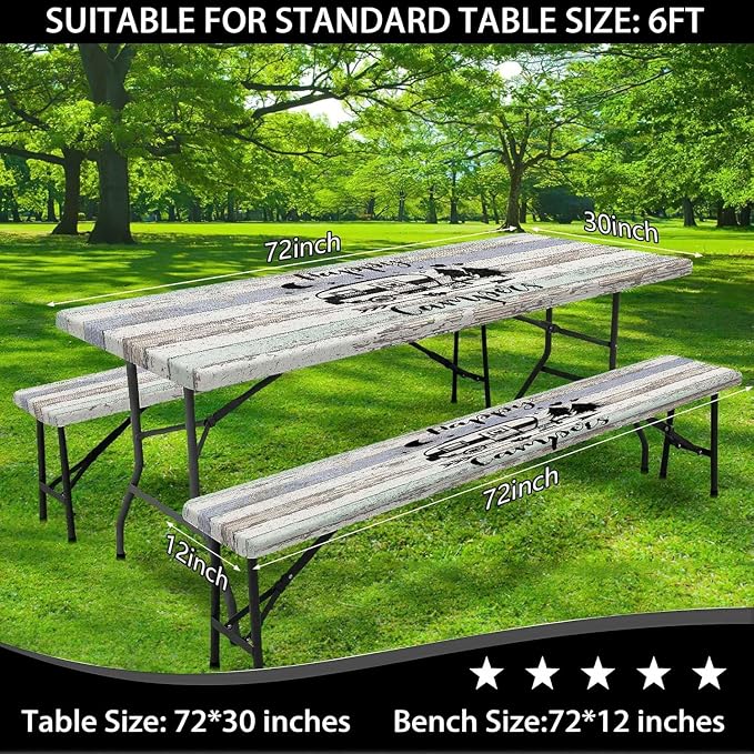 Picnic Table Cover with Bench Covers Elastic Edges, Outdoor Patio Camping Essentials 96 Inch 3PCS, Wooden Camper Fitted Table Cover, Waterproof Rectangle Tablecloth with Drawstring Bag,RV