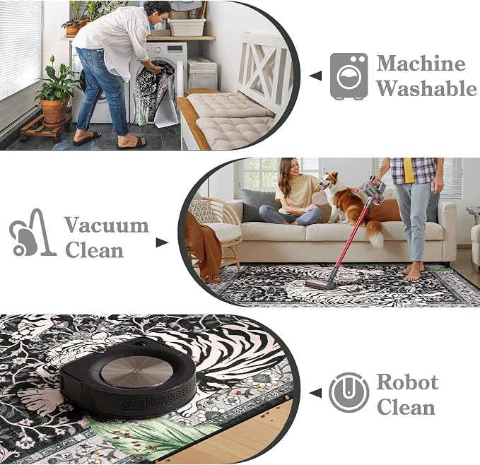 Moynesa Tiger 5x7 Area Rugs, Boho Washable Rugs for Living Room, Vintage Soft Dining Room Rug, Non Slip Ultra Thin Stain Resistant Large Floor Carpet for Office Bedroom, Black