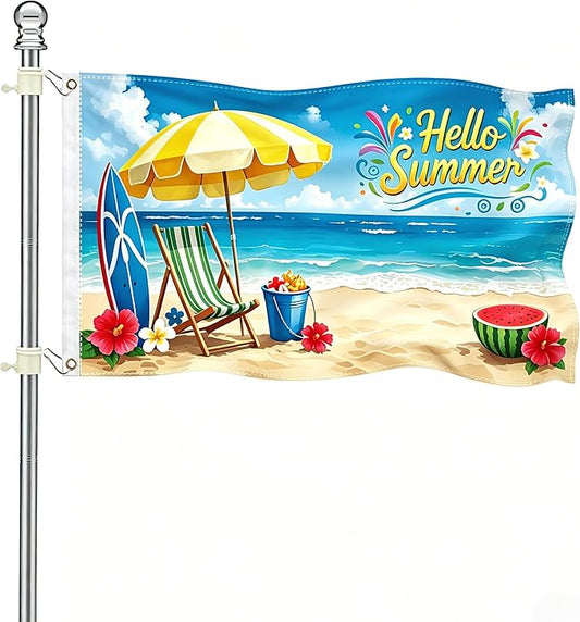 3×5Ft Hello Summer Beach Flag, Tropical Summer Themed Decorative Flag for Beach Party & Outdoor Garden Decor
