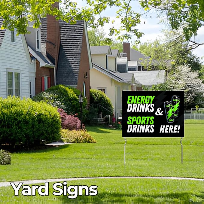 Energy Drinks & Sports Drinks Here! Yard Sign by DC | 24"x18" Double Sided Conv. Store Garden Sign with 13” Metal Stakes | Outdoor Signs Waterproof for Lawn, Patio, Sidewalk & House | Set of 3