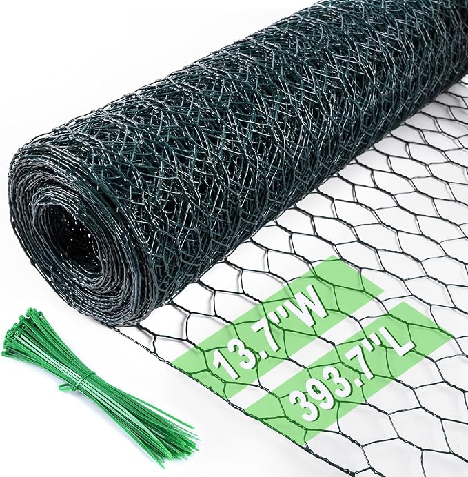 Chicken Wire 13.7 in x 393.7 in Poultry Wire Netting Hexagonal Galvanized Mesh Garden Fence Barrier for Pet Rabbit Chicken Fencing with 100 Pcs Cable Zip Ties(PVC-Coated)