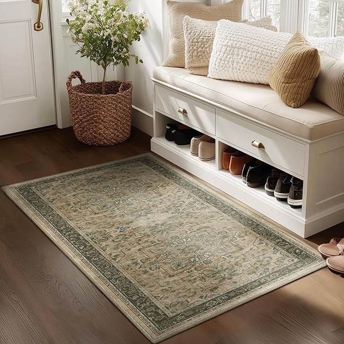 Moody 3x4 Rugs for Entryway Indoor, Distressed Medallion Door Mat Indoor Entrance, Washable Non Slip Low Pile Thin Small Carpet Rug for Kitchen/Bedroom/Bathroom/Laundry Room, Multi Brown/Olive