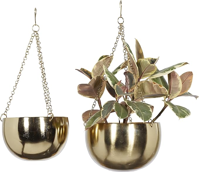Deco 79 Metal Indoor Outdoor Wall Planter Indoor Outdoor Hanging Dome Hanging Planter with Chain, Set of 2 Plant Hanger 5", 6"H, Gold