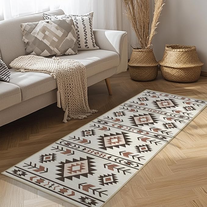 Western Runner Rug 2x6 for Hallway Kitchen Bedroom, Southwestern Aztec Tribal Runner Rugs Southwest Navajo Machine Washable Rug Non-Slip Printed Low-Pile Floor Carpet Mat for Living Room, Beige