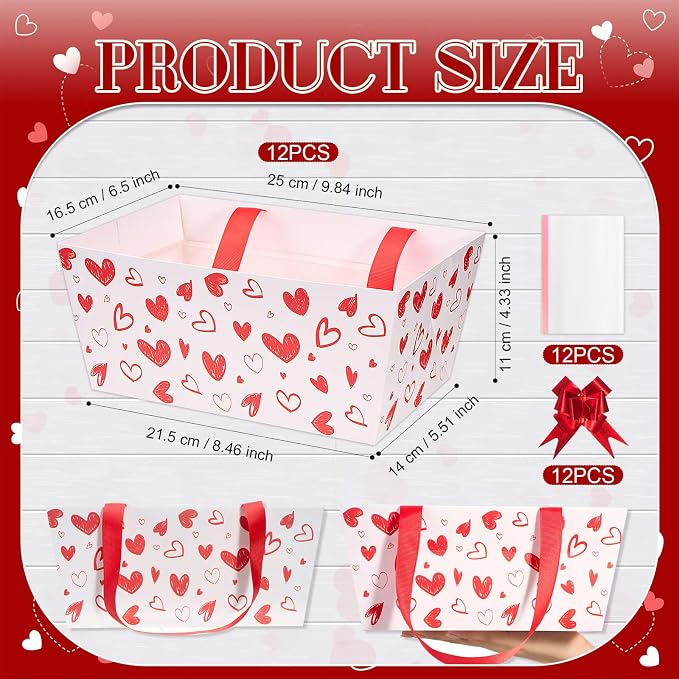 Qinyoung 12 Pack Red Heart Baskets for Gifts Empty Heart Gift Basket with Handles, Pull Bows, Cellophane Bags and Twist Ties for Valentine Mother's Day Wedding Bridal Party Favor Supplies, 9.8 x 6.5''