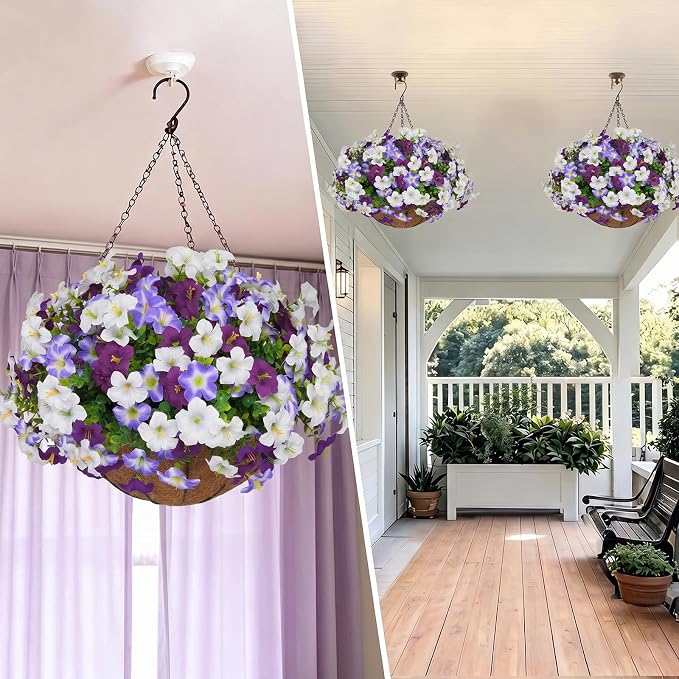 2 Set Artificial Hanging Flowers with Basket for Outdoor Decor, 24 Pcs Silk Petunias Fake Plants for Porch Garden Patio Balcony Yard Home Decoration