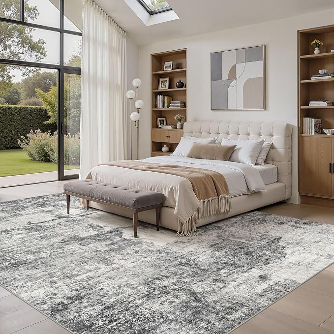 DMOYEST 10x14 Area Rug for Living Room Washable Abstract Indoor Carpet | Neutral Modern Low Pile Rugs Kid & Pet Friendly Large Soft Thin Carpet for Bedroom Dining Room and Office - Grey