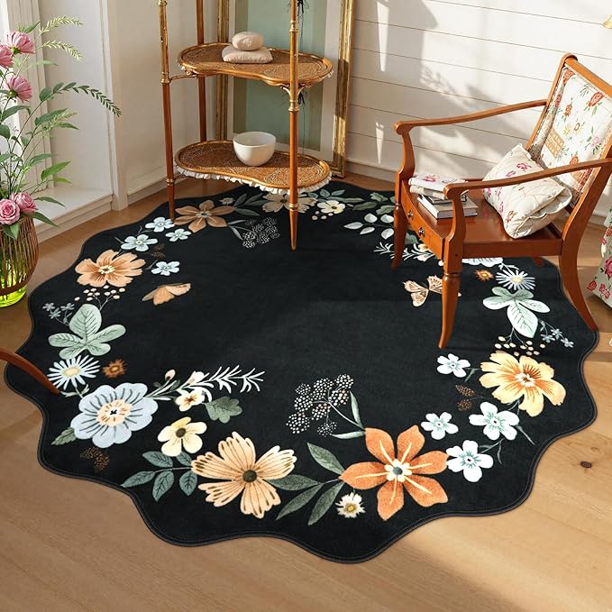 Lahome Floral Washable Round Area Rug, Round Rug 5ft Soft Non-Slip | Non-Shedding Boho Circle Carpet for Bedroom Living Room Bathroom Nursery Kitchen Flore, Black Grey