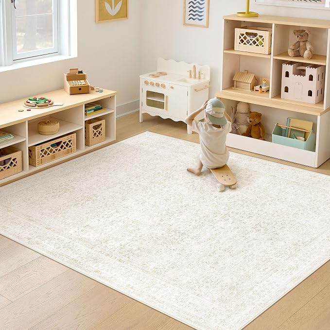 Bedroom Rug Washable Large Area Rugs Foldable Low Pile Print Non Slip Boho Patterned Rugs for Bedroom Living Room Dining Home Office (Floral Beige, 5'x7')