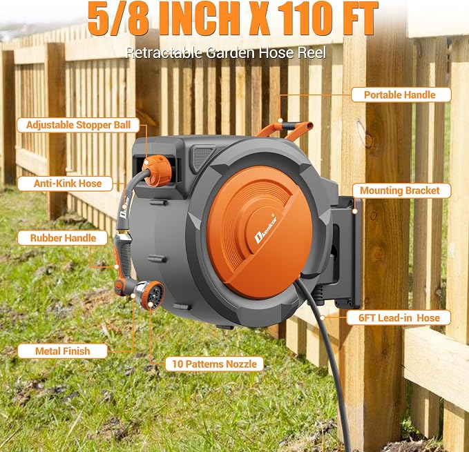 5/8" × 110 ft Retractable Hose Reel, Heavy Duty Retractable Garden Hose Reel Wall Mounted with 10-Pattern Hose Nozzle/Any Length Lock/Slow Return System/180°Swivel Bracket, Orange