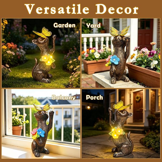 Solar Cat Garden Statues Outdoor - Waterproof Resin Cat Figurine with Butterfly Light -Outside Sculptures Decor for Yard Lawn Patio, Birthday Gifts for Women Mom