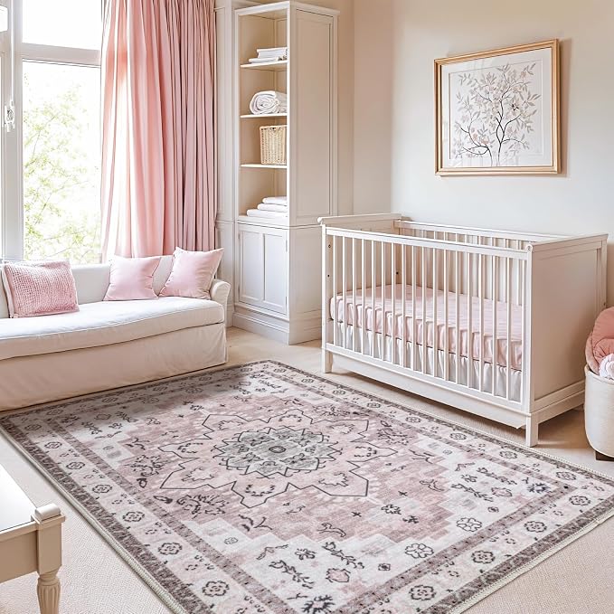 LBRO2M Machine Washable Rug Soft Pet Friendly Carpet 5X7 Pink | Persian Rug 5X7 for Living Room, Bedroom, Dining Room, Home Office, Non Slip Carpet, Foldable Stain Resistant Rugs