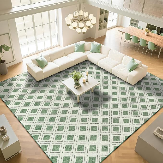 LBRO2M Machine Washable Rug Soft Pet Friendly Carpet 8X10 Green | Checkered Rug 8X10 for Living Room, Bedroom, Dining Room, Home Office, Non Slip Carpet, Foldable Stain Resistant Rugs