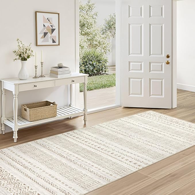 cotiled Hallway 3x8 Runner Rugs Washable Boho Moroccan Soft Rug | Non-Slip Stain Resistan Carpet for Entryway Kitchen Laundry Brown Cream