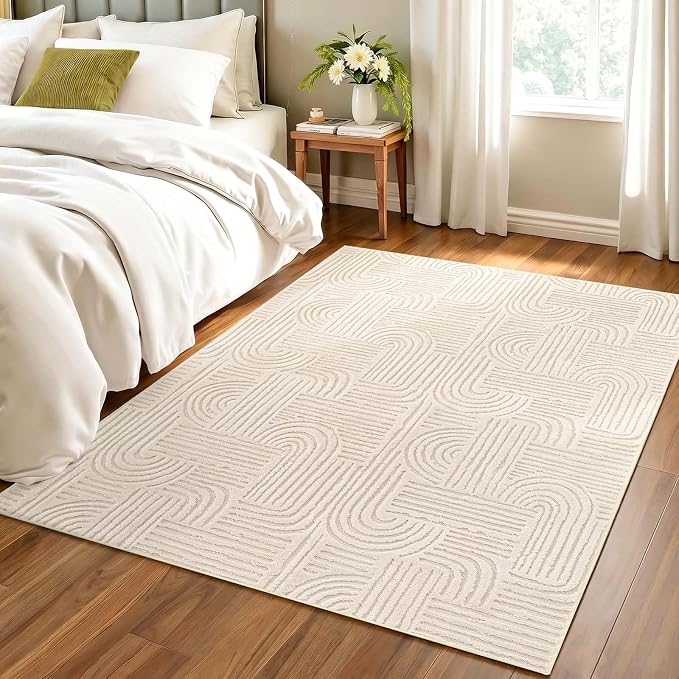 Etwel 4x6 Beige Modern Geometric Textured High-Low Pile Washable Area Rug | Soft Carpet, Non-Slip PVC Backing, Low Profile, Kid and Pet Friendly, for Living Room, Bedroom, Entryway, Nursery