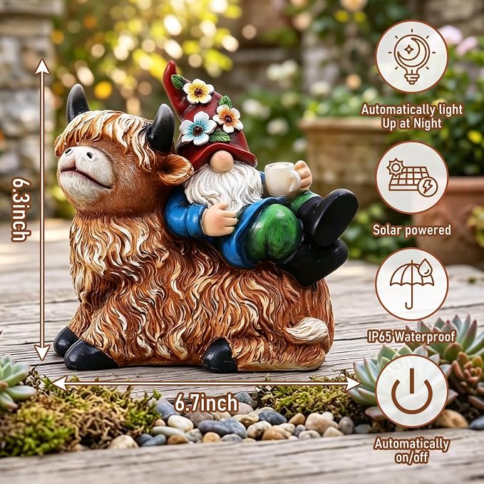 Pohabery Garden Gnomes Decor Outdoor Statues, Gnome on Highland Cow with Solar Cup Light, Patio Yard Decor, Gift for Mom Women Garden Lovers（M