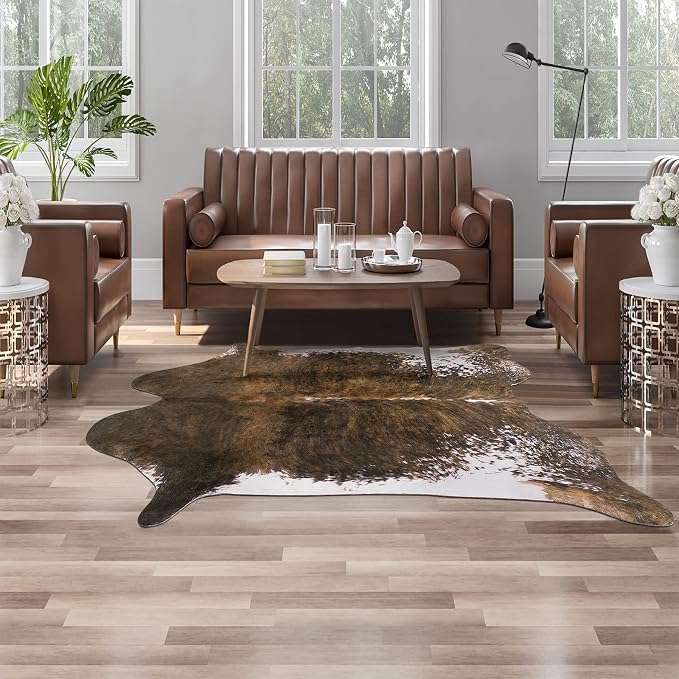 AROGAN Faux Cowhide Rug, Cow Print Animal Area Rug, 4x3 Ft Saddle Brown | Premium Cow Hide Carpet, Western Rug for Bedroom Living Room Decor, Durable Faux Cow Skin Cowhide Area Rug