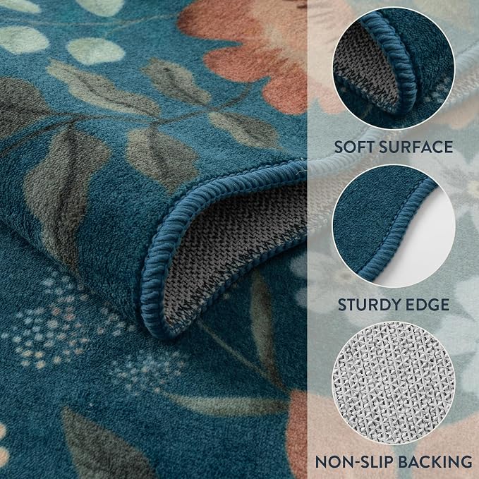 Lahome Floral Washable Rugs for Bedroom, 4X6 Area Rug Soft Living Room Rug | Ultra-Thin Non-Slip Classroom Rug Stain Resistant Boho Rug Low-Pile for Nursery Office Flore (4x6ft, Navy/Blue)