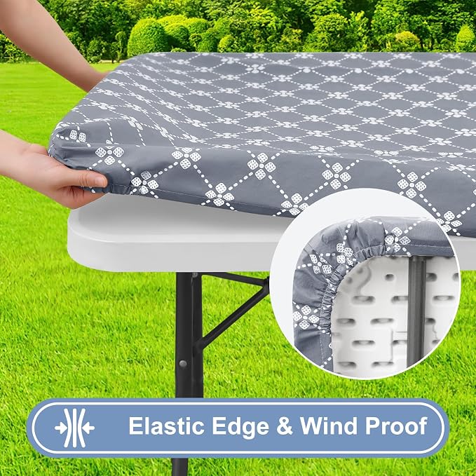 misaya Rectangle Vinyl Table Cloth, Elastic Fitted Tablecloth with Flannel Backing, Waterproof Plastic Table Cover Fits Folding Tables for Picnic, Camping, Indoor and Outdoor (Grey, 36" x 96")