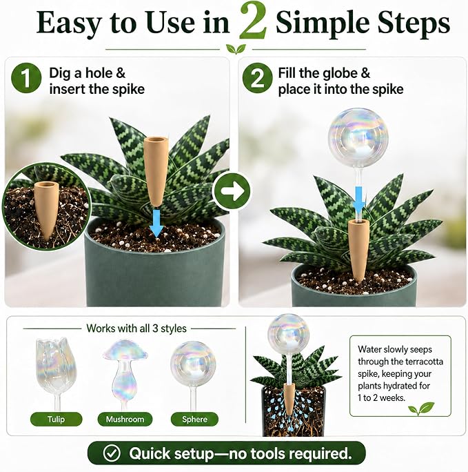 HyJeryty Non-Clogging Iridescent 3 Pack Ball Plant Watering Globes with Terracotta Spikes, Hand Blown Glass Self Watering Planter Insert Plant Watering Devices Bulbs for Indoor and Outdoor Plants