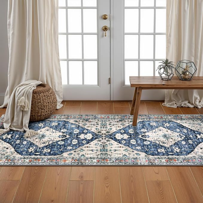 Lahome Felice Boho Tribal Runner Rug - 2x5 Blue Soft Bathroom Rug Runner Laundry Room Mat, Medallion Soft Non Slip Machine Washable Entryway Carpet Runners for Kitchen Sink Bedside Front Door Hallway