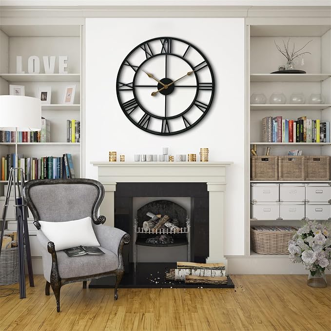 CLXEAST Silent 24 Inch Wall Clocks for Living Room Decor, Large Black Metal Roman Numeral Wall Clocks for Modern Farmhouse Home Decor,House Warming Gifts New Home