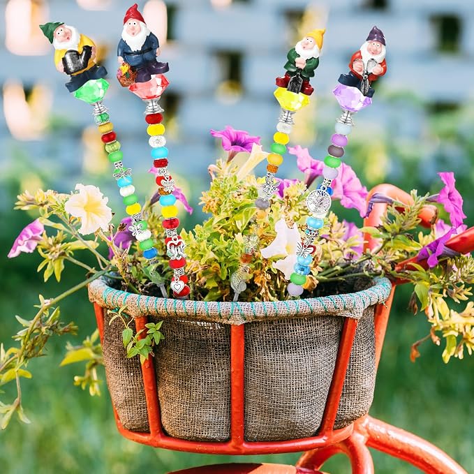 Lineshading 95 Pcs Gnome Garden Stakes Fairy Wand Garden DIY Beaded Stakes Decor 4 Crystal Stopper Top 4 Gnome 64 Large Hole Beads 15 Silver Pendants 4 Threaded Rods 4 Pcs Nuts, for Craft Supply
