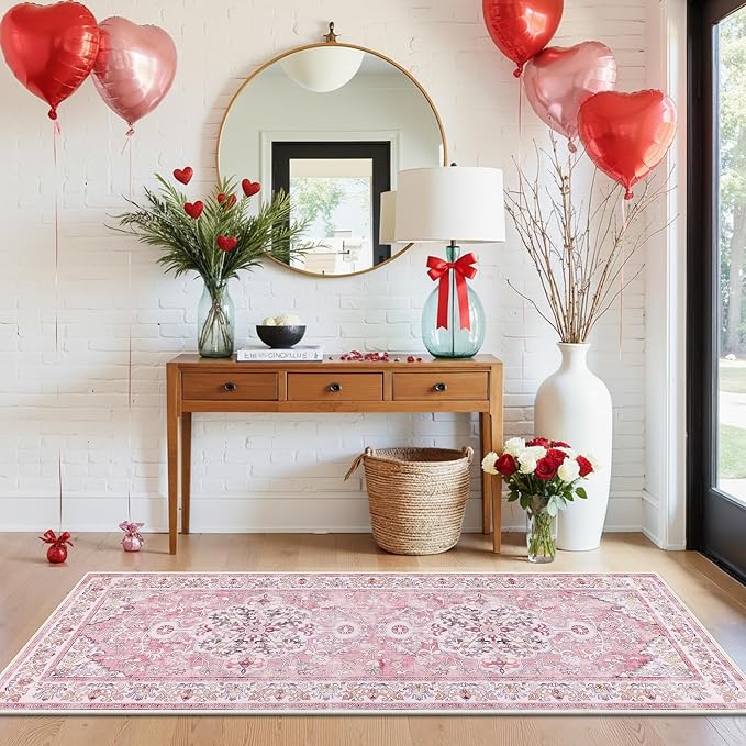 U'Artlines 2' x 6' Boho Hallway Runner Rug, Washable Carpet, Pink | Non Slip, Vintage Farmhouse Accent Area Rug Carpet, for Kitchen Entryway Laundry and Living Room