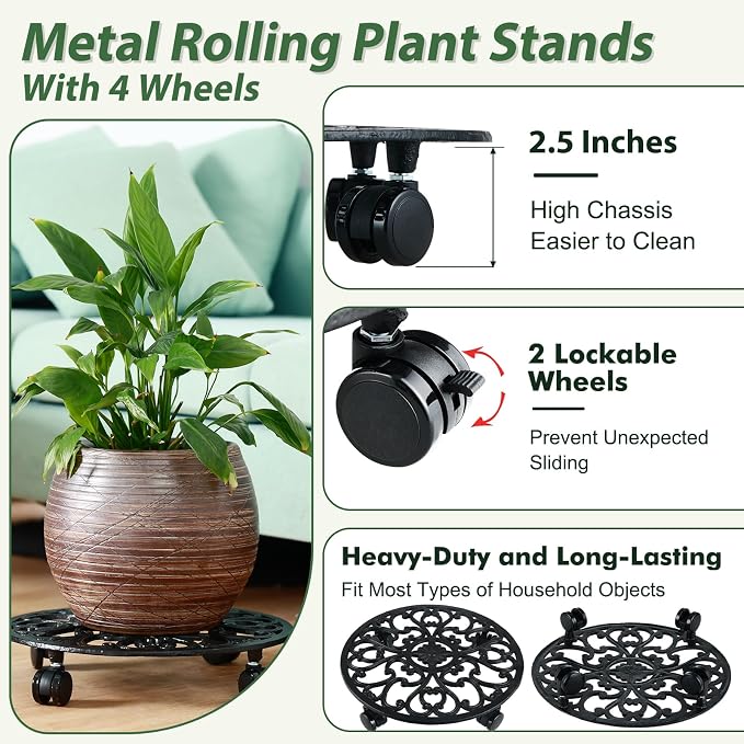 4 Packs 14 Inch Rolling Plant Stand with Wheels Metal Plant Caddy with Wheels Heavy Duty Round Plant Stand Indoor Iron Plants Rollers for Plants, Plant Dolly