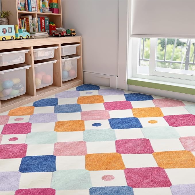 jinchan 6x9 Classroom Rug Washable Kids Rug Colorful Playroom Mat Berries | Soft, Non-Slip, Cute, Kid-Friendly, Checkered Diamond Design, Cream Background, Nursery, Living Room, Bedroom, Dorm, Daycare