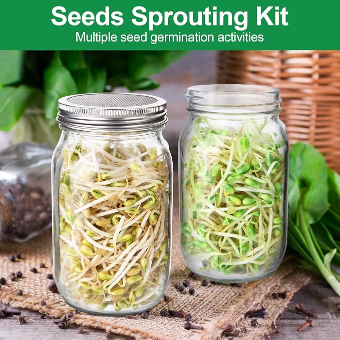 Sprouting Jar Kit, 32 OZ 2 Large Wide Mouth Mason Jars with Sprout Lids, Premium Canning Lids, Blackout Sleeves, Tray ,Stand & Canning Brush - Sprouting Kit for Growing Broccoli, Mung Bean, Alfalfa