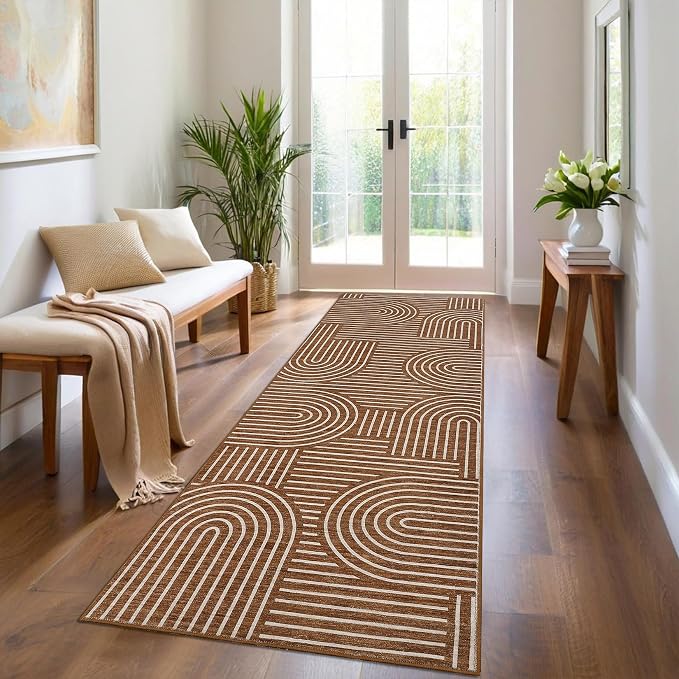ROYHOME Modern 2x6 Hallway Runner Rug Non Slip Washable Kitchen Rug, Copper | Abstract Bath Mat, Rainbow Geometric Runners Rugs for Bedroom, Soft Long Rugs for Entryway Arch Pattern Bathroom Laundry Dorm