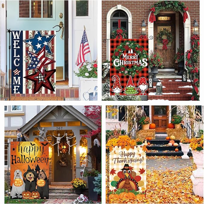 Seasonal Garden Flags Set of 12, Double Sided 12x18 Inch Yard Flags,Small Garden Flags for Outside,4Th of July Garden Flag,Christmas Summer Fall Halloween Seasonal Flag for Outdoor Holiday Decorations