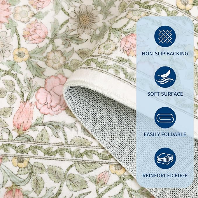 GarveeHome Pink Green Beige Floral Washable 2x3 Rug for Entryway Door Mat | Kitchen Bathroom Girls Bedroom Dorm Rug Vintage Boho Small Rugs Low-Pile Non-Slip Stain Resistant TPE Backing