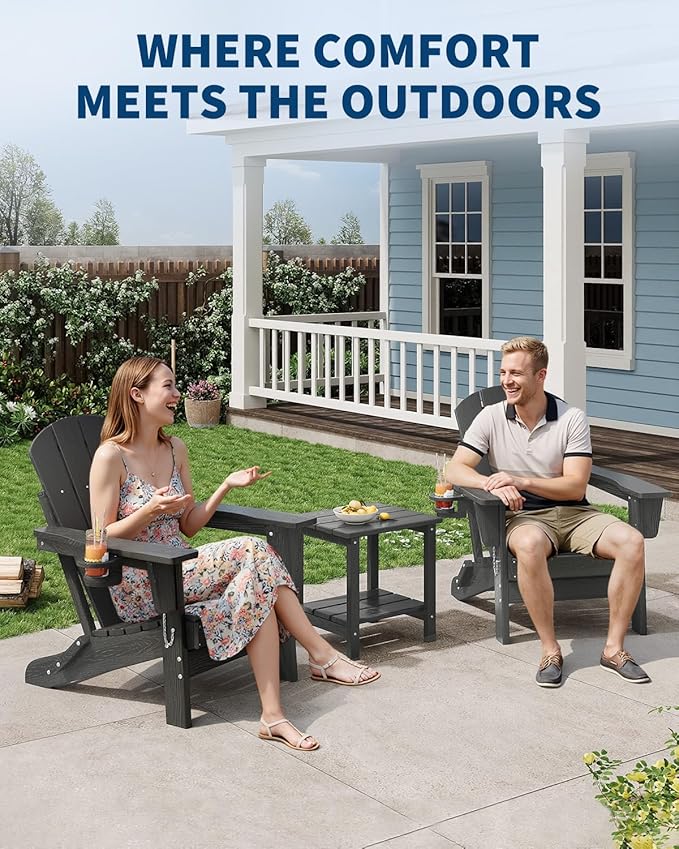 GarveeLife Folding Adirondack Chair Set of 2 with Side Table, All-Weather HDPE Outdoor Chair, Wooden Textured with Cup Holder for patios, Decks, Gardens, fire pits, Grey