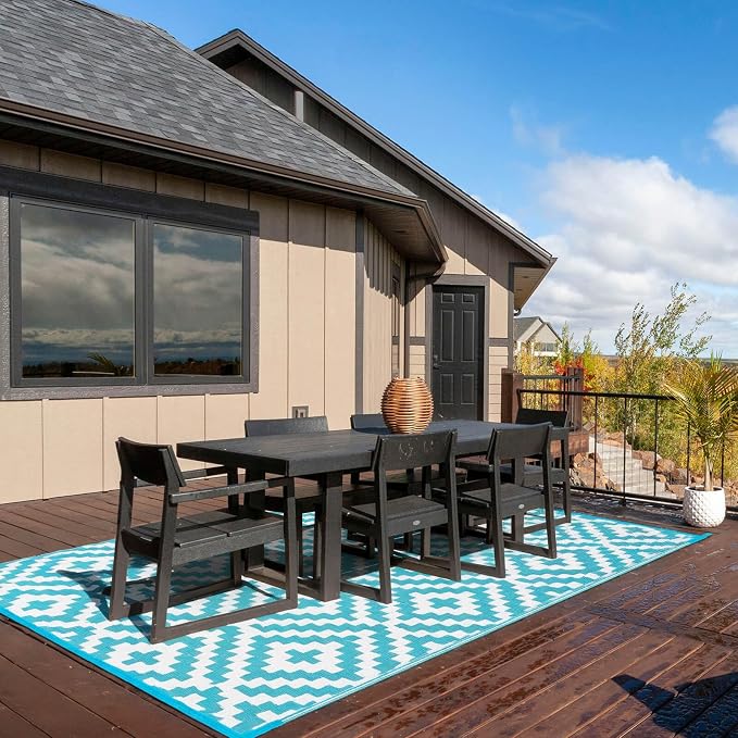 Outdoor Patio Plastic Straw Rug - 4x6 ft Outdoor Camping Rug Waterproof Reversible, Area Carpet Patios RV, Outside Porch Balcony Deck for Camper, Blue & White