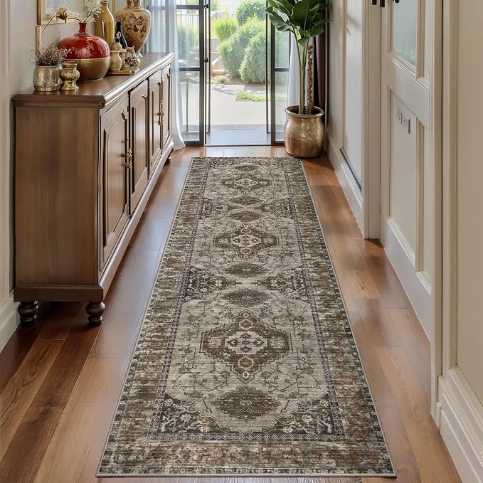Tangsoo Vintage 2.6x10 Washable Hallway Runner Rug, Non Slip Runner Rug | Oriental Soft Low Pile Long Rug Runner, Boho Print Carpet Runners for Hallway Kitchen Bedroom Entryway Living Room Grey