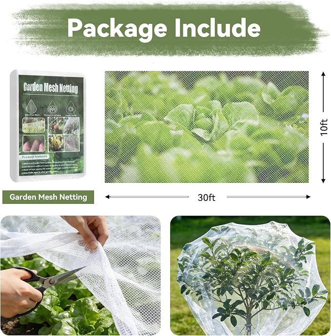 Garden Mesh Netting, 10 * 30 FT Ultra Fine Plant Netting Covers Pest Barrier Row Cover Net for Raised Beds Tree Protect Greenhouse Fruit Vegetable Flowers from Birds Bugs