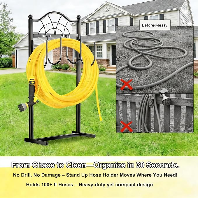 2 Pack Garden Hose Holder,Upgraded Freestanding Hose Holder with 4 Spikes, Heavy Duty Metal Hose Reel,Sturdy Hose Stand Holds up to 100ft Hose for Outside,Yard & Lawn Garden,Black