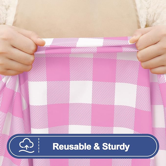Smiry Picnic Table Cover with Bench Covers, Waterproof Elastic Fitted Tablecloths for 5 Foot Rectangle Tables, Washable Buffalo Plaid Tablecloth for Camping, Outdoor (Pink & White, 30"x60")