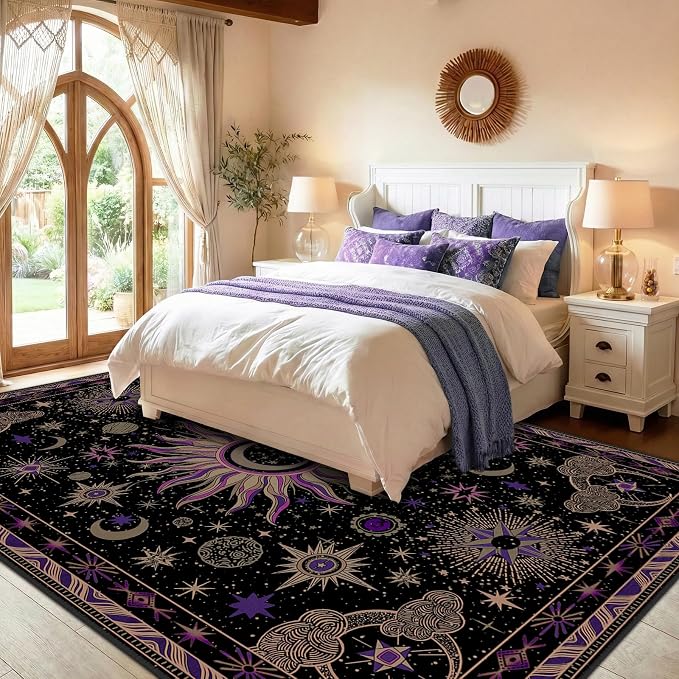 Vacuum-Friendly, 8x10 Washable Area Rug, Black Purple Beige | Sun and Moon Boho Gothic Non-Slip Low Pile Living Roon Bedroom Dining Room Kitchen Entry Entryway Entrance Hallway Doormat