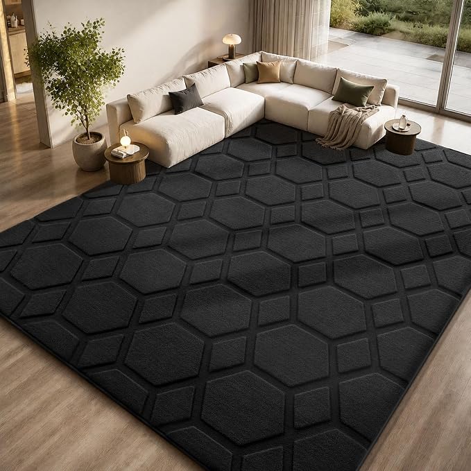 Sour Lemon Area Rugs 9x12 Living Room Bedroom, Large Carpet Black Rug | Big, Geometric Alfombra Para Salas Modernas, Washable, Non Slip Soft Thick Fluffy Plush, Memory foam Rug for Kids Playroom
