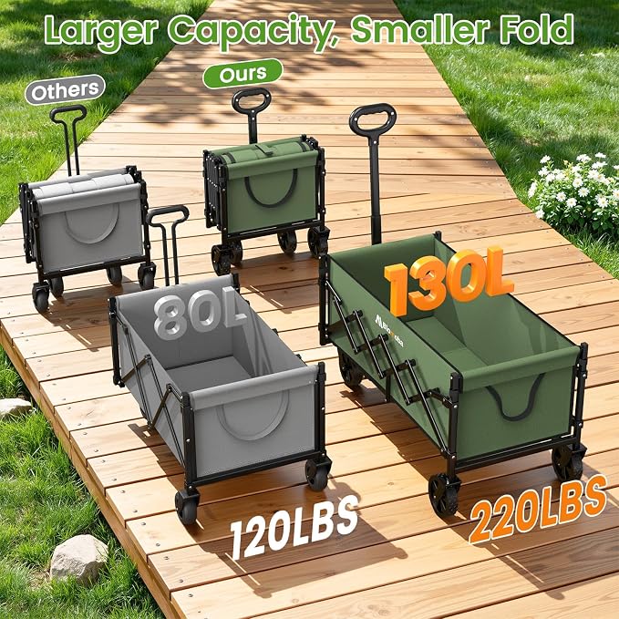 35'' Extra Long Collapsible Wagon with Wheels, 220 LBS Folding Wagon with 360° Swivel Wheels Adjustable Handle, Lightweight Portable Utility Cart for Grocery, Shopping, Garden, Sports, Camping, Green