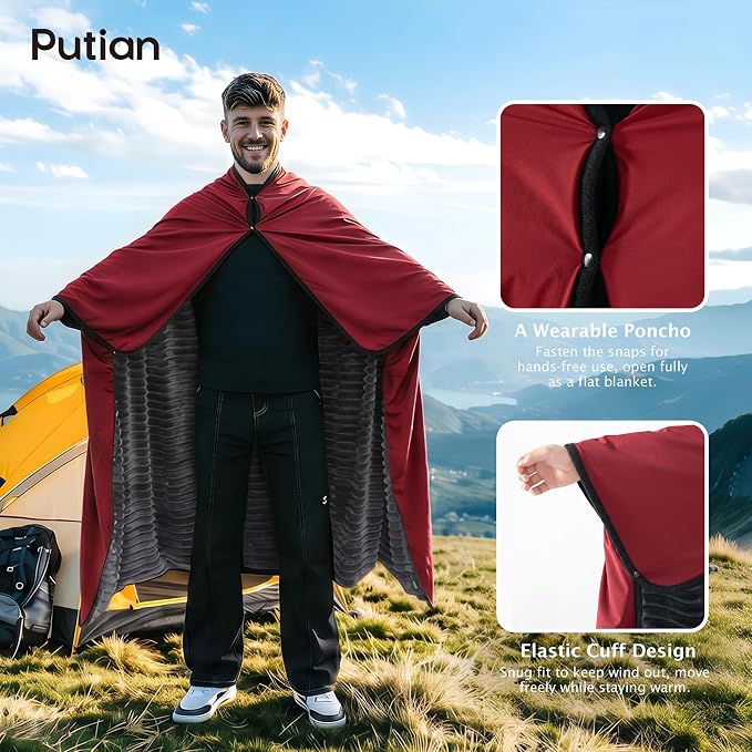 PuTian Waterproof Outdoor Blanket 79"X57" Packable, Stadium & Car Camping Blanket with Corduroy Fleece Lining, Windproof Throw for Picnic Hiking Road Trip, Machine Washable, Black 350GSM