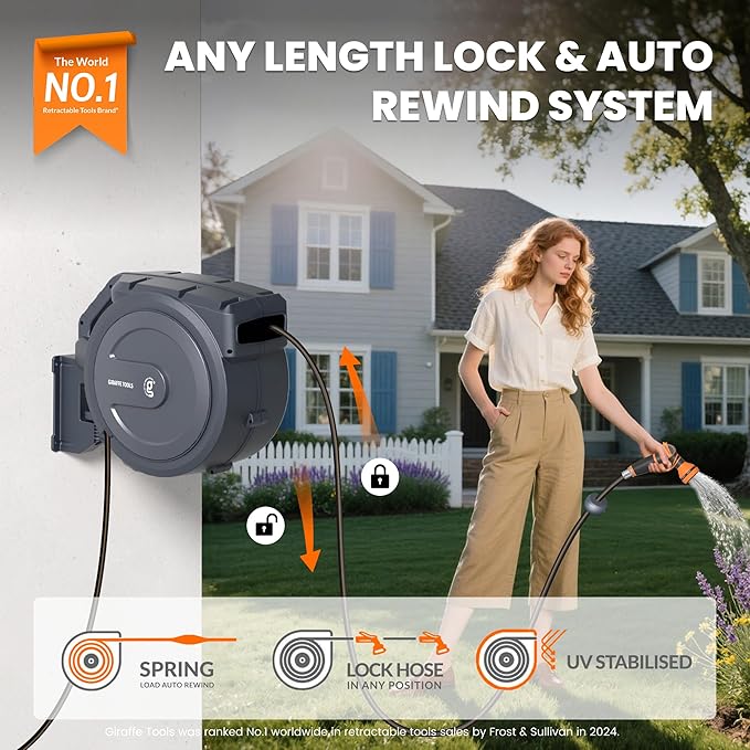 Giraffe Tools Retractable Garden Hose Reel, 5/8" x 62 ft Wall Mounted Hose Reels with 180° Swivel Bracket, Any Length Lock Hose Reel with 9- Function Sprayer Nozzle