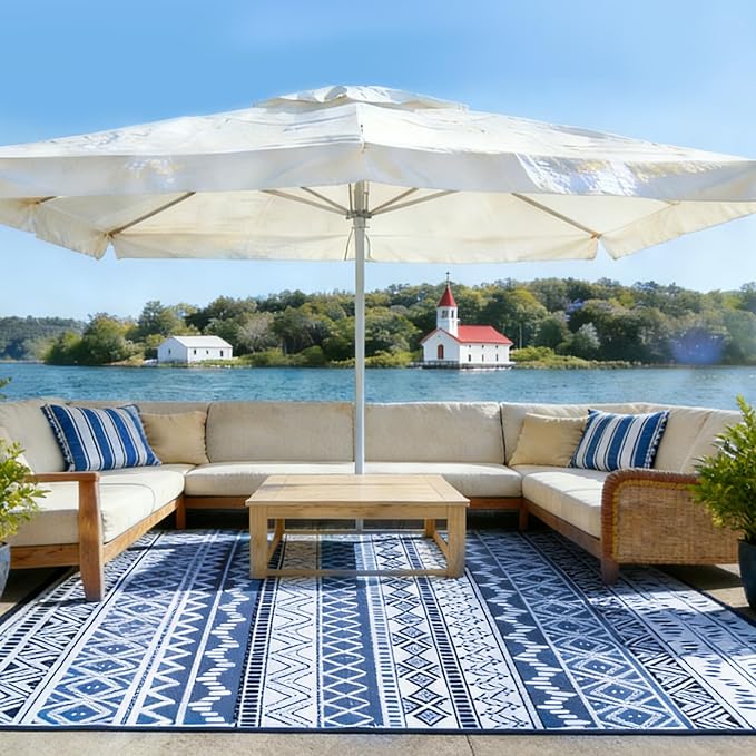 Outdoor Rug 9 x 12 ft, Reversible Plastic Straw Rug for Patio, Waterproof Large Outdoor Carpet for RV, Patio, Camping, Backyard, Deck, Picnic, Beach, Navy & White